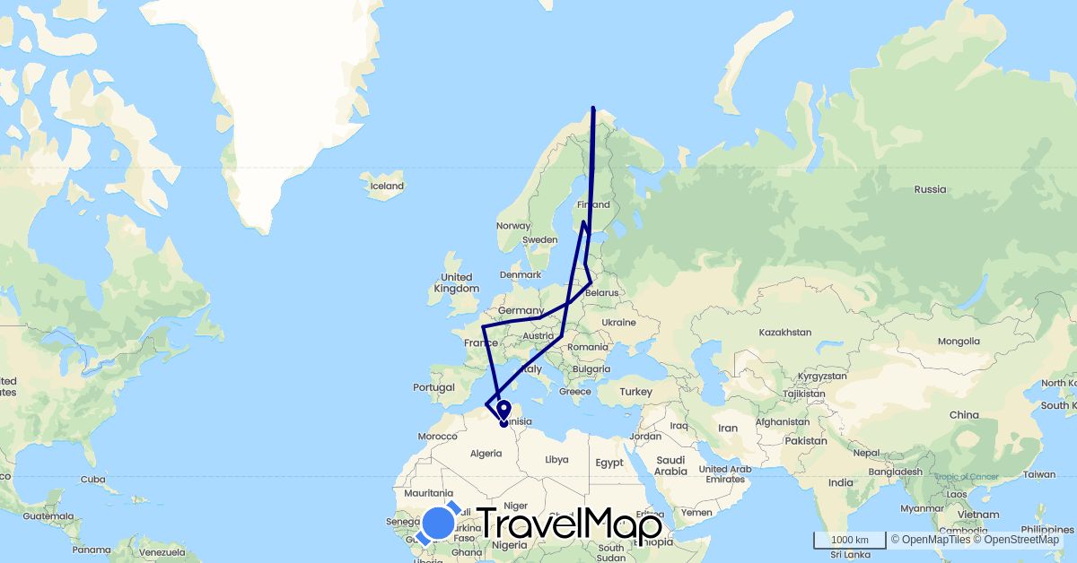 TravelMap itinerary: driving in Czech Republic, Algeria, Estonia, Finland, France, Hungary, Lithuania, Latvia, Norway, Poland (Africa, Europe)